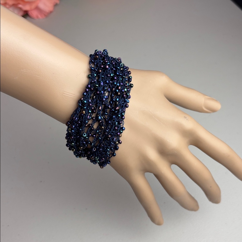 Vintage Handmade Crochet Multi-strand Elegant Iridescent Beaded Bracelet
